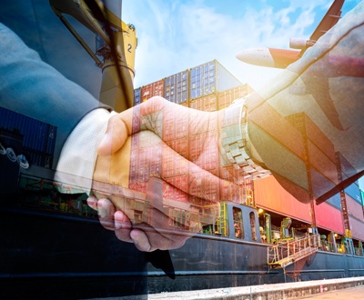 Global shipping and transport business agreement handshake